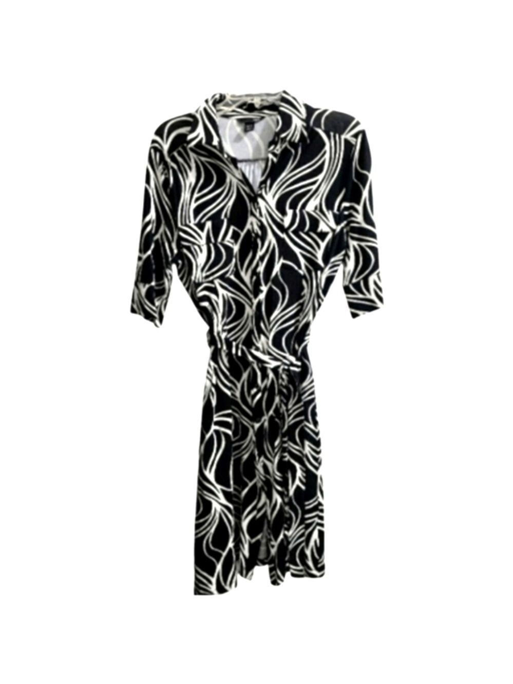 H&M Black & White Abstract Print 3/4 Sleeve Midi Dress Size 14